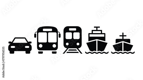 Set of essential transportation icons including car, bus, train, ship, and boat, representing various travel modes and global logistics solutions.