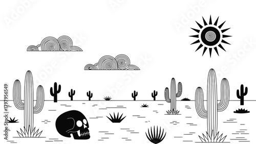 Monochromatic desert landscape illustration with saguaro cacti, skull, and blazing sun under a clear sky, representing desolation and heat