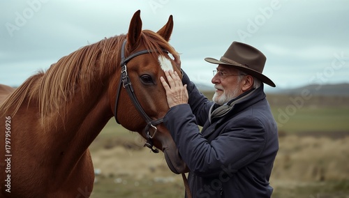 Woman Gently Petting a Brown Horse in a Serene Rural Landscape During Cloudy ...