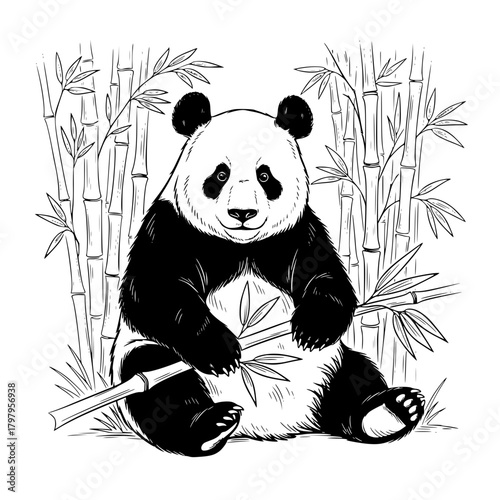 A charming black and white panda bear leisurely enjoys a bamboo snack, seated serenely amidst a bamboo grove, symbolizing peace and nature. vector illustration