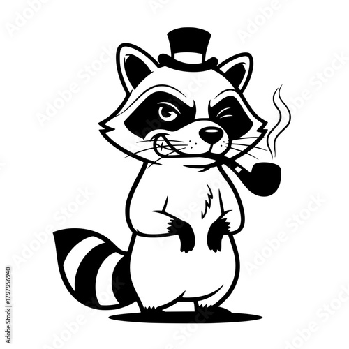 An anthropomorphic raccoon, dapper in a top hat and smoking a pipe, winks slyly, a symbol of sly charm and sophistication. vector illustration