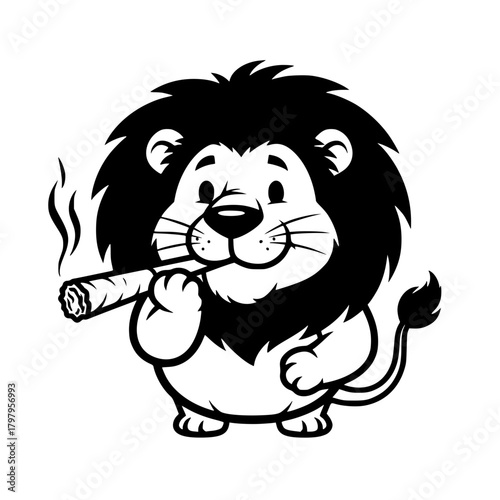 A cartoon lion casually enjoys a cigar, capturing a moment of relaxed confidence and character.  vector illustration