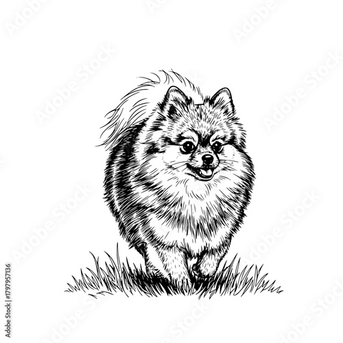 A detailed illustration of a fluffy, energetic Pomeranian dog running through the grass, a playful and joyful depiction of the breed's spirited nature. vector illustration