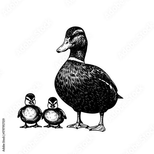 A pen and ink illustration of a mother duck with her two adorable ducklings, depicting family bond and protection. vector illustration