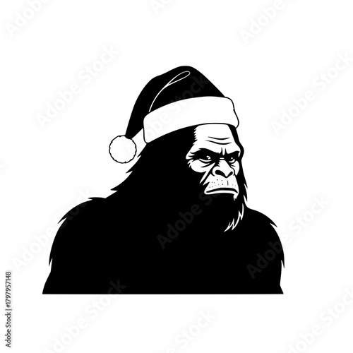 A whimsical illustration depicts a stern, yet festive Bigfoot, donning a Santa hat. This artistic creation adds a touch of holiday cheer to the enigmatic forest dweller. vector illustration