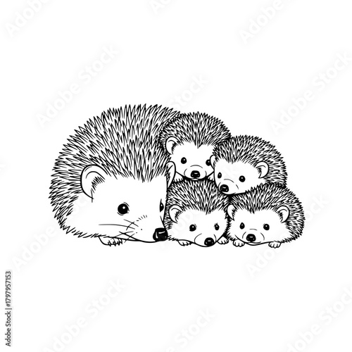 An endearing sketch captures a heartwarming scene of a hedgehog and its three adorable offspring, radiating the warmth of family bonds.