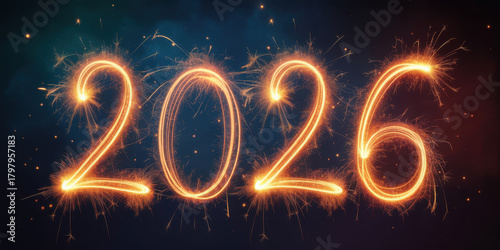 2026 fireworks numbers glowing celebration photo on dark sky
