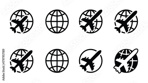 Global air travel and transportation vector icons, featuring airplanes in motion around world globes, symbolizing worldwide journeys.