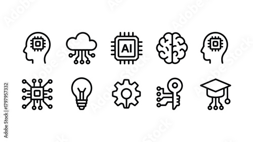 Artificial intelligence, machine learning, and technology vector line icons set. digital brain, data processing, innovation, smart solutions, cloud computing.