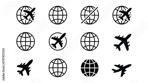 Global travel and aviation icon set for international transport, tourism, journey planning, and worldwide communication and connection vector illustration.