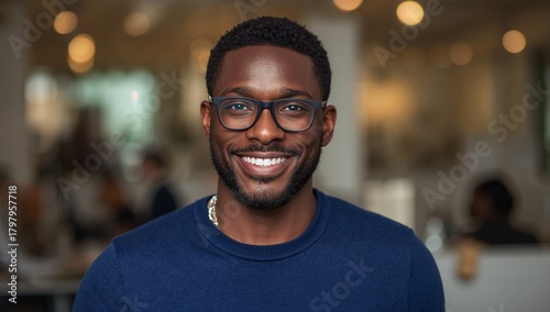 Smiling Man With Glasses in a Modern Office Environment During a Busy Workday