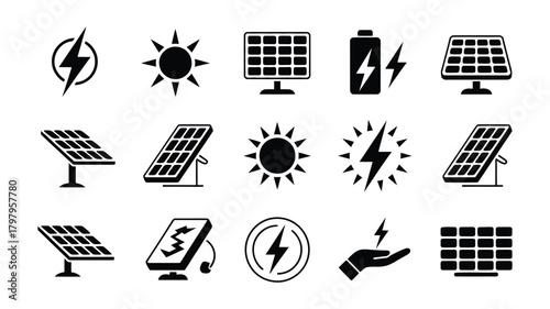 Illustrative collection of solar power and electricity icons: photovoltaic panels, sun, lightning, battery, and hand for clean power.