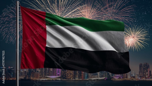 United Arab Emirates Flag With a Silhouette of City Skyline at Dusk