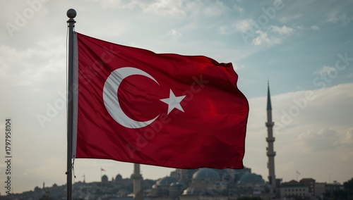 Turkish Flag Waving Against a Beautiful Skyline With a Mosque at Sunset in Is...