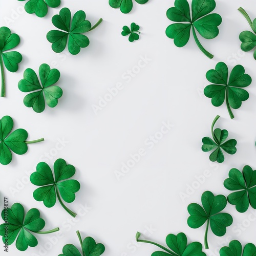 Vibrant Green Clovers Arranged in a Circular Pattern on a Simple White Backgr...