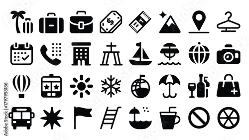 Diverse set of minimalist travel and vacation icons. symbols for tourism, holiday planning, leisure activities, journeys, and global exploration concepts.