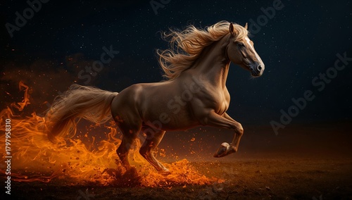 Majestic Brown Horse Galloping Through Flames Under a Starry Night Sky