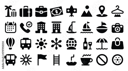Comprehensive collection of modern travel and vacation outline icons for web and mobile applications, digital design, and tourism-related projects