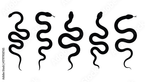 Collection of five black snake silhouettes in various sinuous and wavy poses, perfect for icon design, reptilian themes, danger, and mystery concepts, isolated