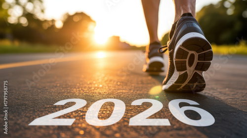 A close-up of a runner’s foot in motion on a road marked with 2026 as the sun sets in the background
