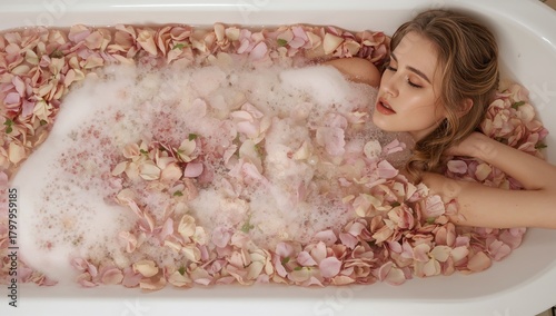 Relaxing Woman in Bathtub Filled With Rose Petals and Bubbles During a Serene...
