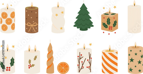 Christmas Scented Candles Vector Set, Holiday Decoration with Orange, Holly, and Festive Patterns.