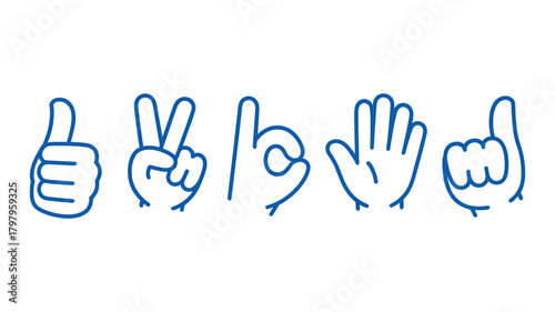 Linear blue icon set of five common hand gestures: thumbs up, peace sign, ok, open palm, and thumbs down, representing agreement, success, and disagreement concepts.