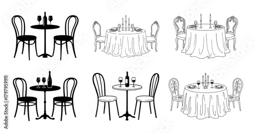 Dining table arrangements line art in black and white