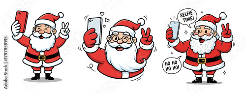 Santa taking selfies against white background