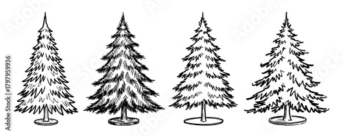Christmas trees sketch in minimalist line art in black and white