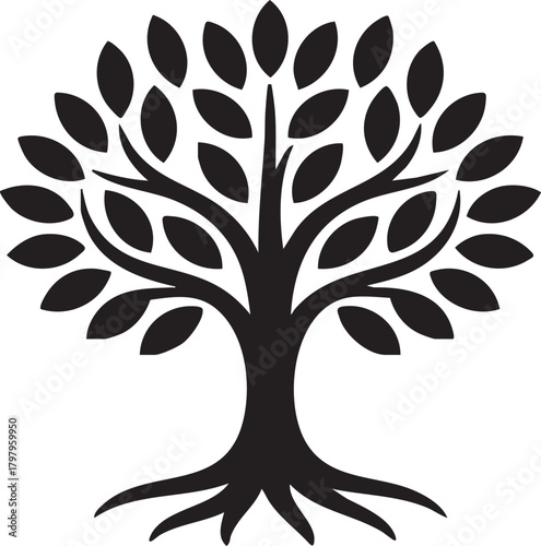 Black stylized tree with roots and leaves white silhouette