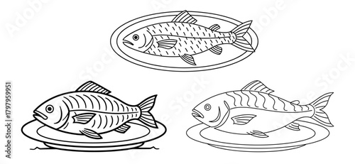 Fish on platters line art in black and white