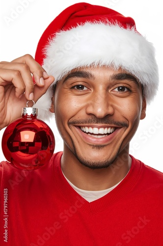 Smiling Man in Santa Hat Holding Red Christmas Ornament During Festive Season