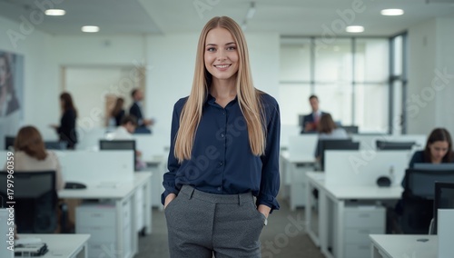 Professional Woman in Office Setting With Coworkers Engaged in Work Activities