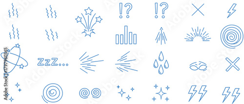 Collection of blue line art symbols and abstract shapes on white background