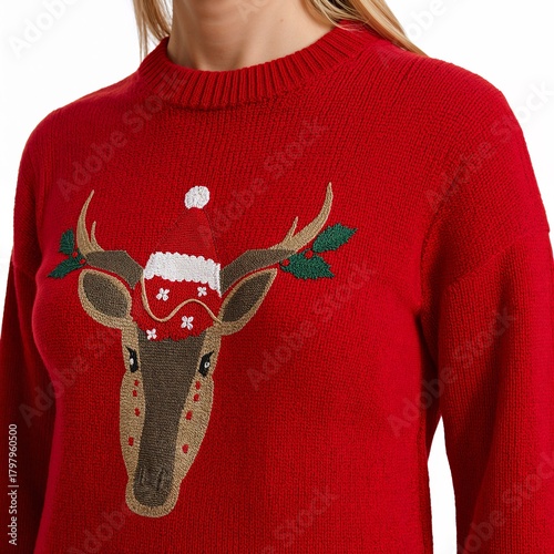 Festive Red Sweater With Reindeer Design and Christmas Hat Worn During Holida...