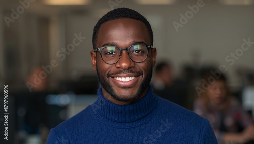Smiling Man With Glasses in a Modern Office Environment During a Busy Workday