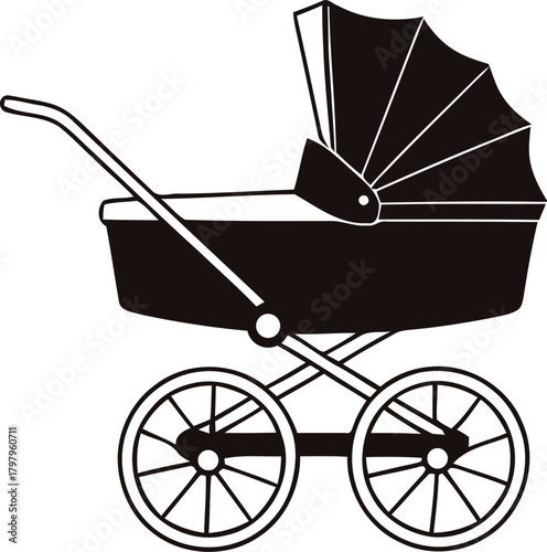 Classic vintage style baby carriage or pram silhouette isolated on white background