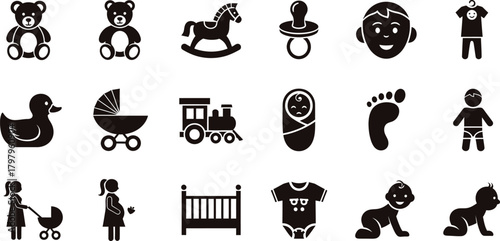 Collection of black and white baby and child related icons in a grid layout