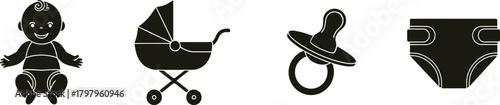 Collection of stylized black baby care icons including a baby doll stroller pacifier and diaper