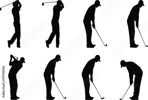 Golfer silhouettes vector set showing various golf swing and putting poses. Isolated black figures of a male golf player.