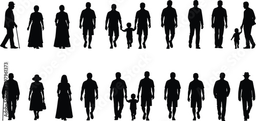 Set of black vector silhouettes of walking people. Diverse group includes man, woman, child, family, and senior with cane.