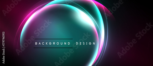 Abstract neon circles overlap, creating vibrant teal, pink glow. Dark background emphasizes luminous design elements. Modern, dynamic composition.