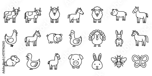 Farm animal and insect line icon collection