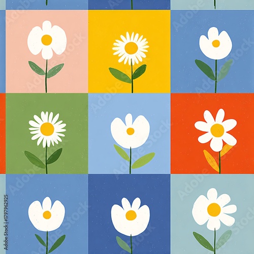 Seamless pattern of popart daisy icons in a clean repeating grid tile vibrant colorful design graphic art