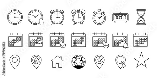 Time, date, and navigation line icons set