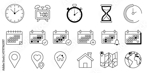 Time, calendar, and location line icons