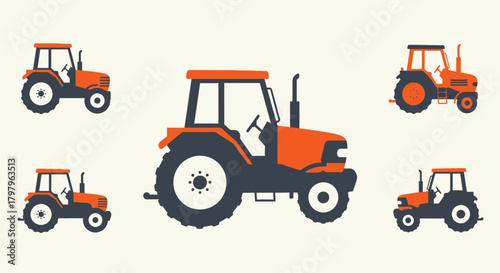 Colorful cartoon illustration of various farm tractors on a neutral background