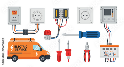 Electrical components tools and service van illustration for power systems