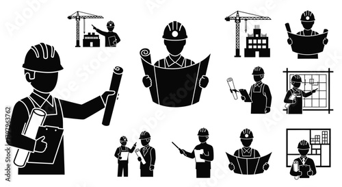 Construction workers and site elements in a monochrome illustration style